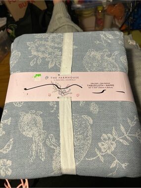 The Farmhouse Blue Floral & Rabbit Oblong Tablecloth